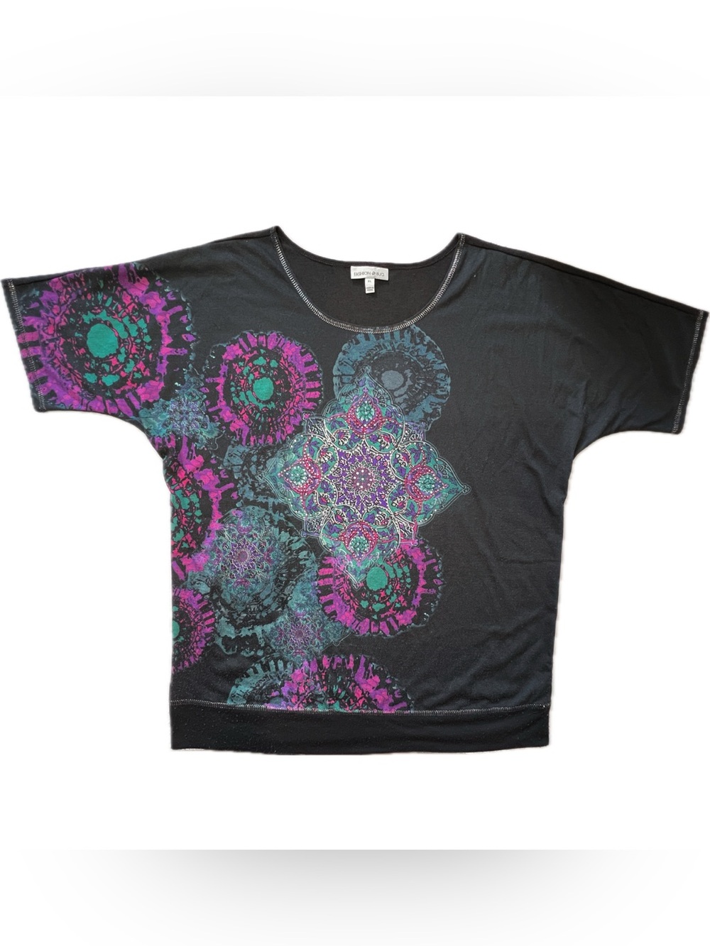 Vintage Y2K Fashion Bug Black Short Sleeve Top Teal Pink Purple Mandala Print XL